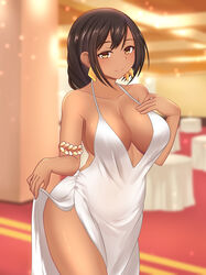  armlet azur_lane backless_outfit bare_shoulders black_hair blurry blurry_background breasts brown_eyes commentary dark-skinned_female dark_skin dining_room dress earrings english_commentary female highres jewelry jifuwabe large_breasts long_hair official_alternate_costume see-through smile solo south_dakota_(azur_lane) south_dakota_(solo_concert)_(azur_lane) tan white_dress 