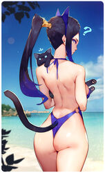  ? ^^^ animal_ears artist_name ass bare_back beach black_cat black_hair blue_eyes blue_one-piece_swimsuit blue_sky blurry blurry_background cat_tail commentary_request cowboy_shot cropped dated day depth_of_field eyeshadow fake_animal_ears feline female hairband halterneck high_ponytail horizon lens_flare long_hair looking_back lvans makeup o-ring o-ring_swimsuit one-piece_swimsuit original outdoors photoshop_(medium) shiny_skin sidelocks sky solo swimsuit tail thighs third-party_edit 