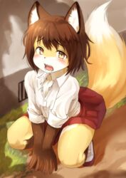  2019 anthro blush bottomwear brown_body brown_eyes brown_fur brown_hair canid canine chest_tuft clothed clothing crouching dress_shirt female fluffy fluffy_tail footwear fox fur hair hi_res kagarimachi_ame kemono looking_at_viewer mammal open_mouth shirt shoes short_hair skirt solo tail tan_body tan_fur topwear tuft white_body white_fur 