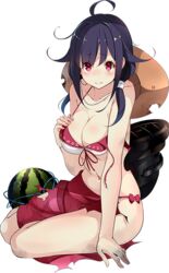  bikini black_hair breasts cleavage defeat female food fruit full_body halterneck hat kantai_collection kujou_ichiso long_hair medium_breasts official_art print_sarong red_eyes red_sarong ryuuhou_(kancolle) sarong solo straw_hat string_bikini sun_hat swimsuit taigei_(kancolle) torn_clothes torn_sarong transparent_background watermelon 