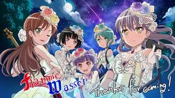  5girls aqua_hair bang_dream! bass_guitar black_hair blue_flower blue_rose brown_hair cloud dress drumsticks earrings electric_guitar flower full_moon gloves green_eyes green_flower green_rose guitar hair_bun hair_ornament hikawa_sayo imai_lisa instrument jewelry lace light_purple_hair long_hair looking_back microphone microphone_stand minato_yukina moon multiple_girls night night_sky official_art one_eye_closed piano_print pink_flower pink_rose ponytail purple_eyes purple_flower purple_hair purple_rose rose roselia_(bang_dream!) see-through shirokane_rinko shooting_star single_hair_bun sky star_(sky) tree udagawa_ako v white_flower white_rose yellow_eyes yellow_flower yellow_rose 