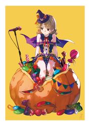  arms_at_sides bare_shoulders bat_(animal) bat_ornament bat_wings bow bowtie brown_eyes buttons candy capelet commentary drill_hair earrings female food frown halloween halloween_costume hat hat_bow highres idol idolmaster idolmaster_cinderella_girls jack-o&#039;-lantern jelly_bean jewelry light_brown_hair lollipop long_hair looking_away looking_to_the_side microphone microphone_stand mini_hat morikubo_nono okeno_kamoku on_food orange_bow oversized_food oversized_object parted_lips puffy_shorts pumpkin pumpkin_shorts red_bow red_bowtie ringlets shorts signature simple_background sitting solo stud_earrings sweatdrop wings witch_hat wrapped_candy yellow_background 