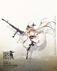  ankle_boots black_footwear black_pantyhose black_ribbon blush boots breasts bullet character_name cleavage closed_mouth collarbone damaged dress dropping expressionless female floating_hair full_body fur-trimmed_boots fur-trimmed_dress fur_collar fur_hat fur_trim girls&#039;_frontline gloves gun hair_ribbon hat hat_feather high_heel_boots high_heels highres holding holding_gun holding_weapon kord_(girls&#039;_frontline) kord_6p50 large_breasts leg_up logo long_hair long_sleeves looking_at_viewer low_ponytail machine_gun military military_uniform multiple_straps off-shoulder_dress off_shoulder official_art orange_gloves pantyhose pouch promotional_art red_eyes ribbon running shi-chen sidelocks solo torn_clothes underbust uniform very_long_hair watermark weapon white_dress 