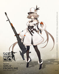  ankle_boots black_footwear black_pantyhose black_ribbon blush boots breasts bullet character_name cleavage closed_mouth collarbone dress dropping female full_body fur-trimmed_boots fur-trimmed_dress fur_collar fur_hat fur_trim girls&#039;_frontline gloves gun hair_ribbon hat hat_feather high_heel_boots high_heels highres holding holding_gun holding_weapon kord_(girls&#039;_frontline) kord_6p50 large_breasts logo long_hair long_sleeves looking_at_viewer low_ponytail machine_gun military military_uniform multiple_straps off-shoulder_dress off_shoulder official_art orange_gloves pantyhose pouch promotional_art red_eyes ribbon shi-chen sidelocks smile solo standing underbust uniform very_long_hair watermark weapon white_dress 