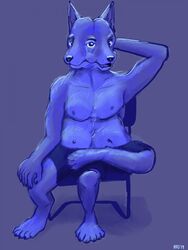  2_faces 3:4 3_eyes 3_legs anthro biped bottomwear canid canine chair clothing delldogzone digitigrade furniture fused_eyes hi_res male mammal multi_eye multi_face multi_leg multi_limb multi_snout polydactyly shorts sitting solo 