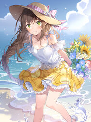  arms_behind_back bare_shoulders blue_flower blue_sky blush bouquet bow braid breasts brown_hair brown_hat camisole cleavage closed_mouth cloud cloudy_sky collarbone commentary_request day female flower green_eyes hat hat_bow hat_flower holding holding_bouquet horizon leaning_forward long_hair looking_at_viewer medium_breasts ocean original outdoors red_flower rie_(reverie) single_braid skirt sky smile solo standing standing_on_one_leg striped striped_bow sunflower very_long_hair water white_camisole white_flower white_footwear yellow_flower yellow_skirt 