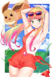  armpits arms_up bad_id bad_twitter_id blonde_hair blunt_bangs blush breasts commentary_request earrings eevee eyewear_on_head female green_eyes jewelry kippuru multicolored_hair pokemon pokemon_(anime) pokemon_(creature) pokemon_the_movie:_the_power_of_us ponytail risa_(pokemon) sideboob smile streaked_hair sunglasses suspenders 