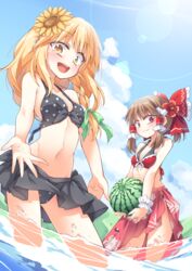  2girls :d bad_id bad_pixiv_id bare_arms bare_shoulders bikini bikini_skirt black_bikini black_skirt blonde_hair blue_sky blush bow braid breasts brown_hair cloud commentary_request cowboy_shot day floral_print flower food frilled_bow frills front-tie_bikini_top front-tie_top fruit green_ribbons hair_flower hair_ornament hair_ribbon hair_tubes hairbow hakurei_reimu hibiscus highres holding holding_food holding_fruit holding_watermelon ina_(inadahime) kirisame_marisa lens_flare long_hair looking_at_viewer miniskirt multiple_girls navel no_headwear open_mouth outdoors pleated_skirt polka_dot polka_dot_bikini ponytail red_bikini red_bow red_eyes red_flower ribbon sarong short_hair sidelocks single_braid skirt sky small_breasts smile standing stomach sunflower swimsuit thighs touhou wading water water_drop watermelon wrist_cuffs yellow_eyes 