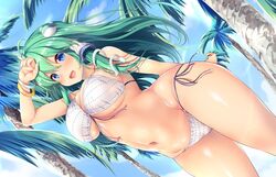  ahoge armlet bikini blue_eyes breasts cloud cloudy_sky commentary_request dutch_angle female frog_hair_ornament green_hair hair_between_eyes hair_ornament hand_on_own_head kochiya_sanae large_breasts long_hair looking_at_viewer masa_(miyabitei) navel open_mouth outdoors palm_tree side-tie_bikini_bottom sidelocks sky smile snake_hair_ornament swimsuit touhou tree white_bikini 