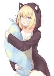  animal_ears animal_hood azur_lane bataan_(azur_lane) bataan_(comfy_cotton_jammies)_(azur_lane) blonde_hair blue_eyes blush breasts brown_hoodie cleavage collarbone commentary_request cosplay cowboy_shot fake_animal_ears fake_whiskers female highres hood hoodie hugging_object isao_(wasamoti) kigurumi long_sleeves looking_at_viewer official_alternate_costume parted_lips pillow pillow_hug short_hair sidelocks simple_background solo star_(symbol) star_print white_background 