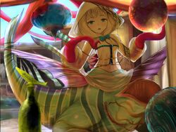  blonde_hair blue_eyes blush bottle chimera commentary_request day female fins front_ponytail highres hood lantern long_sleeves looking_at_viewer medium_hair midriff mon-musu_quest! mon-musu_quest:_paradox monster_girl open_mouth outdoors queen_scylla scylla solo tent tentacle un_do 