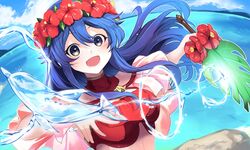  bikini blue_eyes blue_hair blush breasts commentary_request female fire_emblem fire_emblem:_the_binding_blade fire_emblem_heroes flower headband highres lilina_(fire_emblem) lilina_(summer)_(fire_emblem) long_hair looking_at_viewer nakabayashi_zun navel open_mouth simple_background solo swimsuit water 