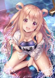  :d absurdres bare_shoulders barefoot blonde_hair blue_one-piece_swimsuit blush breasts character_name choker cleavage collarbone collared_shirt commentary empty_pool female from_above hair_between_eyes hair_ornament hair_rings hatsune_(princess_connect!) hatsune_(real)_(princess_connect!) head_tilt highres holding holding_hose holding_own_foot hose large_breasts long_hair looking_at_viewer name_tag off_shoulder old_school_swimsuit one-piece_swimsuit open_mouth partially_submerged partially_unbuttoned pool princess_connect! purple_eyes school_swimsuit shirt sidelocks sitting smile solo star_(symbol) star_hair_ornament swimsuit very_long_hair water wet wet_clothes white_shirt yokozuwari yuririn_poi 