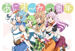  4girls animal_ear_fluff animal_ears animare anniversary blue_eyes blue_hair blush breasts cleavage commentary_request copyright_name dog_ears dress green_eyes green_hair hair_ornament hair_ribbon hinokuma_ran kikuta_kouichi kuroneko_nanashi long_hair multiple_girls nanashi_inc. open_mouth orange_eyes orange_hair pink_hair ribbon short_hair skirt souya_ichika souya_ichika_(1st_costume) umori_hinako virtual_youtuber 