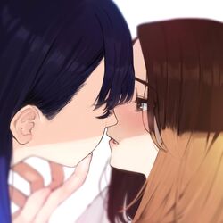  2girls aikawa_ren blue_hair blush brown_eyes brown_hair close-up closed_eyes commentary_request from_side highres imminent_kiss long_hair miru_tights multiple_girls nakabeni_yua open_mouth profile simple_background white_background yomu_(sgt_epper) yuri 