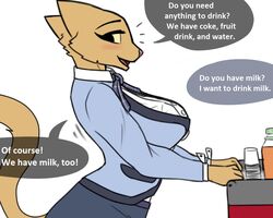  2019 5:4 anthro beverage big_breasts blush bottomwear breasts clothed clothing container cup dialogue english_text eyebrows eyelashes felid female flight_attendant fur holding_object huge_breasts josun katia_managan khajiit mammal microsoft open_mouth prequel_adventure shirt side_view simple_background skirt smile solo speech_bubble standing text the_elder_scrolls topwear uniform white_background yellow_body yellow_fur 