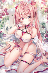  angel_wings arm_garter bare_shoulders barefoot between_legs blurry bow bra braid breasts choker cleavage collarbone commentary_request curtains depth_of_field feathered_wings female flower food french_braid frown fruit grapes groin hair_intakes hairbow halterneck hand_between_legs hand_up large_breasts long_hair navel original panties panty_pull photoshop_(medium) pink_hair red_eyes red_ribbon rianastia_flugel ribbon riichu side-tie_panties sidelocks sitting skindentation solo stomach thigh_strap thighs twintails underwear underwear_only untied_panties very_long_hair wariza white_bra white_panties wings wrist_cuffs 