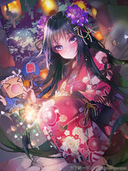  &gt;_&lt; :d animal_ears bird black_hair chibi closed_eyes female flower fox_ears hair_flower hair_ornament hand_fan inari japanese_clothes kanola_u kimono kinchaku long_hair looking_at_viewer obi open_mouth paper_fan photoshop_(medium) pouch purple_eyes sash shrine smile statue summer_festival tenka_touitsu_chronicle uchiwa very_long_hair watermark xd yukata 