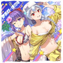  2girls :d \m/ alternate_hairstyle baseball_cap bb_(fate) bb_(swimsuit_mooncancer)_(fate) bb_(swimsuit_mooncancer)_(fate)_(cosplay) bb_(swimsuit_mooncancer)_(first_ascension)_(fate) bikini braid breasts chibi chibi_inset cleavage collarbone commentary_request cosplay costume_switch fate/grand_order fate_(series) flower fou_(fate) grey_hair grin hair_flower hair_ornament hair_over_shoulder hat hat_ornament highres jacket large_breasts long_hair midriff mitsudomoe_(shape) multiple_girls navel one_eye_closed open_mouth pink_flower ponytail red_eyes sideways_hat single_braid single_sidelock skirt slit_pupils smile star_(symbol) star_hat_ornament strapless strapless_bikini swimsuit tomoe_(symbol) tomoe_gozen_(fate) tsukino_(nakajimaseiki) white_bikini yellow_jacket yellow_skirt 