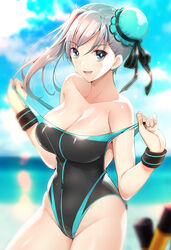  akahito aqua_eyes black_one-piece_swimsuit blue_eyes blue_one-piece_swimsuit blue_sky blurry blurry_background breasts bun_cover cleavage clothes_pull collarbone commentary_request competition_swimsuit covered_navel cowboy_shot day fate/grand_order fate_(series) female grey_hair groin hair_between_eyes hair_bun hair_ornament highleg highleg_swimsuit highres large_breasts looking_at_viewer miyamoto_musashi_(fate) miyamoto_musashi_(swimsuit_berserker)_(fate) miyamoto_musashi_(swimsuit_berserker)_(first_ascension)_(fate) multicolored_clothes multicolored_swimsuit ocean one-piece_swimsuit one-piece_swimsuit_pull outdoors pulling_own_clothes side_ponytail single_hair_bun single_side_bun sky solo standing swimsuit teeth two-tone_swimsuit 