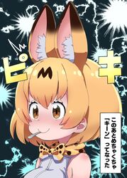  ^^^ animal_ear_fluff animal_ears bad_id bad_twitter_id bare_shoulders blonde_hair bow bowtie brain_freeze brown_eyes extra_ears female highres kemono_friends lightning_background meme nekonyan_(inaba31415) portrait print_bow print_bowtie serval_(kemono_friends) serval_print shirt short_hair sleeveless sleeveless_shirt smile solo they_had_lots_of_sex_afterwards_(meme) traditional_bowtie translated utensil_in_mouth white_shirt 