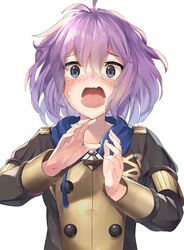  ahoge ascot bernadetta_von_varley blush commentary_request embarrassed female fire_emblem fire_emblem:_three_houses garreg_mach_monastery_uniform highres looking_at_viewer open_mouth panda_inu purple_hair shadow short_hair simple_background solo tears uniform wavy_mouth white_background 