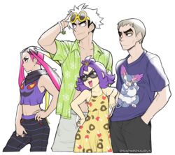  2boys 2girls acerola_(pokemon) alternate_costume arbok character_print closed_mouth commentary dress english_commentary eyewear_on_head grey_hair guzma_(pokemon) hands_in_pockets long_hair multiple_boys multiple_girls nanu_(pokemon) open_clothes open_mouth open_shirt pink_hair plumeria_(pokemon) pokemon pokemon_(creature) pokemon_sm purugly red_eyes sandygast short_hair short_sleeves shrimposaurus simple_background sleeveless sleeveless_dress spinarak sunglasses twintails twitter_username white_background white_hair 