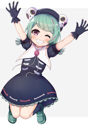  \o/ arms_up beret black_dress black_gloves black_hat black_socks blush commentary dress earrings female full_body gloves green_footwear green_hair grey_background grin hat hat_ornament indie_virtual_youtuber jewelry kneehighs koga_rejini loafers long_hair multicolored_hair one_eye_closed outstretched_arms pink_hair puffy_short_sleeves puffy_sleeves purple_eyes saeki_yahiro shoes short_sleeves skull_hat_ornament smile socks solo streaked_hair two-tone_background virtual_youtuber white_background 