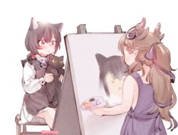  2girls :&lt; animal animal_ears artist_name black_hair blush braid brown_hair canvas_(object) cat_ears cat_hair_ornament chadolbaegi copyright_request easel feline hair_between_eyes hair_ornament hair_ribbon holding holding_animal holding_cat horns long_hair long_sleeves multiple_girls painting_(action) palette_(object) pointy_ears ponytail purple_ribbon red_eyes ribbon short_hair simple_background sitting sleeveless stool white_background 