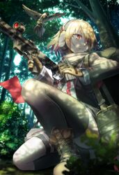  assault_rifle bird blonde_hair boots commentary_request eagle female forest girls&#039;_frontline gloves gun headphones headset id_card magazine_(weapon) nature outdoors red_eyes reloading rifle scope scw_(girls&#039;_frontline) scw_(gun) thighhighs vikpie weapon 