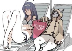  1boy animal_ears beach_chair beach_umbrella bikini blazblue blazblue:_cross_tag_battle blue_hair cat_ears catherine:_full_body catherine_(game) chair feline female holding holding_clothes holding_shirt hood hooded_jacket jacket jubei_(blazblue) knees_up legs_up logo orie_ballardiae_harada reclining red_shirt shade shirt sunbathing sweatdrop swimsuit t-shirt tefec umbrella under_night_in-birth white_bikini yellow_jacket 