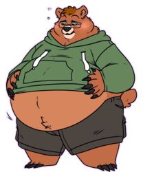  5:6 alpha_channel anthro bear belly belly_jiggle big_belly blush brown_bear brown_body brown_fur chub-united chubby_cheeks claws clothed clothing eyewear fur glasses hand_on_belly hi_res hoodie jiggling male mammal midriff overweight overweight_anthro overweight_male simple_background solo standing toe_claws topwear transparent_background ursine 