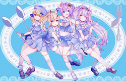  4girls animal_ears ayanami_(azur_lane) ayanami_(grade_a_sailor_uniform)_(azur_lane) azur_lane bad_id bad_pixiv_id bare_shoulders beret blonde_hair blue_dress blue_eyes blue_skirt breasts brown_footwear buttons closed_mouth commentary_request crown detached_sleeves double-breasted dress fork full_body hair_between_eyes hair_ribbon hat highres javelin_(azur_lane) javelin_(let&#039;s_become_waitresses!)_(azur_lane) laffey_(azur_lane) laffey_(bunny_clerk?)_(azur_lane) loafers long_hair looking_at_viewer medium_breasts midriff_peek mini_crown multiple_girls official_alternate_costume one_eye_closed open_mouth pleated_skirt ponytail puffy_short_sleeves puffy_sleeves purple_hair rabbit_ears red_eyes ribbon sailor_collar shoes short_hair short_sleeves sidelocks skirt sleeveless small_breasts smile socks spoon standing thighhighs twintails very_long_hair waitress white_socks white_thighhighs wrist_cuffs yaekn z23_(azur_lane) z23_(perfect_smile?)_(azur_lane) 