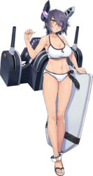  anklet ayaki bikini blush breasts cannon checkered_necktie cleavage collarbone eyepatch female flip-flops full_body grin groin headgear highres jewelry kantai_collection kickboard large_breasts long_legs machinery navel necktie official_alternate_costume official_art open_mouth orange_eyes purple_hair sandals short_hair smile solo standing swimsuit taut_bikini taut_clothes taut_swimsuit tenryuu_(kancolle) tenryuu_(swimsuit_mode)_(kancolle) thumbs_up transparent_background turret weapon white_bikini 