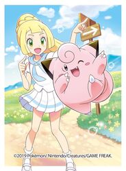  bad_id bad_twitter_id blonde_hair blue_sky clefairy cloud company_name copyright_name day female green_eyes lillie_(pokemon) long_hair official_art open_mouth outdoors pokemon pokemon_(creature) pokemon_sm ponytail sakuma_sanosuke shirt shoes short_sleeves sign skirt sky socks white_legwear white_shirt white_skirt 