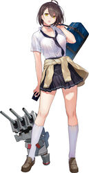  :o ahoge azur_lane bag baltimore_(after-school_ace)_(azur_lane) baltimore_(azur_lane) black_choker black_necktie black_skirt braid breasts brown_cardigan brown_footwear brown_hair buttons cardigan cardigan_around_waist choker cleavage clothes_around_waist collarbone collared_shirt duffel_bag female full_body hand_up highres holding holding_phone jpeg_artifacts keli_bang kneehighs large_breasts loafers looking_at_viewer miniskirt necktie official_alternate_costume official_art open_mouth phone photoshop_(medium) pleated_skirt school_bag school_uniform shirt shirt_tucked_in shoes short_hair short_sleeves skindentation skirt socks solo standing thighs turret white_shirt white_socks yellow_eyes 