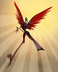  4_toes accipitriform action_pose anisodactyl anthro avian avian_feet beak bird breasts clothed clothing david_lillie digitigrade dreamkeepers feathers feet female hi_res major_stiletto non-mammal_breasts official_art pose red_body red_feathers red_wings secretary_bird solo toes wings 