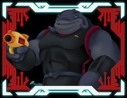  2019 3_fingers alien black_clothing bracelet clothed clothing disney fingers gantu grey_body grey_skin holding_object holding_weapon jewelry lilo_and_stitch male muscular muscular_male open_mouth plasma_blaster_(lilo_and_stitch) plasma_gun purple_eyes ranged_weapon rcbrock signature solo uniform weapon 