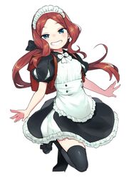  apron backpack bag blue_eyes bow brown_hair commentary_request fate/grand_order fate_(series) female grin hairbow henry_bird_9 leonardo_da_vinci_(fate) leonardo_da_vinci_(rider)_(fate) leonardo_da_vinci_(rider)_(second_ascension)_(fate) maid_apron maid_headdress puff_and_slash_sleeves puffy_sleeves randoseru roller_skates skates smile solo thighhighs 