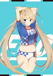  absurdres arms_behind_head arms_up bikini bikini_bottom_only blonde_hair blue_background blue_eyes blue_shirt blush body_writing bradamante_(fate) bradamante_(festival_outfit)_(fate) braid breasts checkered_clothes checkered_panties checkered_shirt closed_mouth clothes_writing copyright_name crown_braid fate/grand_order fate_(series) female hair_between_eyes highres large_breasts long_hair looking_at_viewer midriff navel panties shirt short_sleeves simple_background smile solo swimsuit thighs twintails underwear very_long_hair yomogi_uehara 