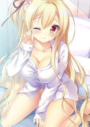  3; amairo_islenauts bad_id bad_pixiv_id barefoot between_legs blonde_hair blush breasts cleavage closed_mouth collarbone collared_shirt commentary_request dress_shirt female fingernails flower hair_between_eyes hair_flower hair_ornament hair_ribbon hand_between_legs hand_up highres large_breasts long_hair long_sleeves moyasi06_25 one_eye_closed one_side_up pillow pink_flower red_eyes red_ribbon ribbon rubbing_eyes shirley_warwick shirt sitting sleeves_past_wrists solo very_long_hair wariza white_shirt 