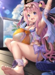  :d arm_behind_head armpits arms_up ball barefoot beachball bikini blue_bikini blue_footwear blue_ribbon blue_sky blush breasts cleavage cloud cloudy_sky commentary_request day elf feet female hagoromo hair_ornament hair_ribbon hair_rings hatsune_(princess_connect!) horizon legs long_hair looking_at_viewer medium_breasts ocean open_mouth outdoors palm_tree pink_hair pointy_ears princess_connect! purple_eyes railing ribbon round_teeth sandals see-through shawl shoe_soles sidelocks sitting sky smile soles solo star_(symbol) star_hair_ornament stretching swimsuit teeth toenails toes transparent tree two_side_up unworn_sandals upper_teeth_only very_long_hair water yuririn_poi 