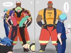  6+boys backwards_hat baseball_cap beard black_footwear blonde_hair blue_hair boots cone_hair_bun cup double_bun facial_hair female galo_thymos glasses green_hair gueira hair_bun hat hiding hiding_behind_another lio_fotia looking_at_another lucia_fex meis_(promare) mug multiple_boys orange_hair promare raako_(sugarnatto) red_hair remi_puguna shirt spiked_hair stifled_laugh suspenders uniform varys_truss yellow_shirt 