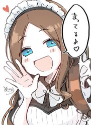  :d black_dress blush_stickers bow breasts brown_hair dress fate/grand_order fate_(series) female forehead hand_up heart highres leonardo_da_vinci_(fate) leonardo_da_vinci_(rider)_(fate) leonardo_da_vinci_(rider)_(second_ascension)_(fate) long_hair maid maid_headdress medium_breasts open_mouth parted_bangs puffy_short_sleeves puffy_sleeves short_sleeves simple_background smile sofra solo translated upper_body white_background white_bow 