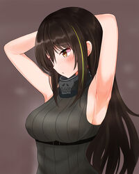  armpits arms_behind_head arms_up black_eyes black_hair breasts cla_(finesoda) female girls&#039;_frontline green_hair highres large_breasts long_hair m4a1_(girls&#039;_frontline) mask multicolored_hair photoshop_(medium) ribbed_sweater scarf skull_mask sleeveless sleeveless_sweater solo steaming_body streaked_hair sweater two-tone_hair upper_body 