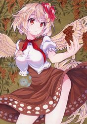  animal animal_on_head bird bird_tail blonde_hair blush breasts brown_dress chick commentary_request cowboy_shot dress feathered_wings female hand_on_own_chest hand_up highres kittona medium_breasts multicolored_hair niwatari_kutaka on_head puffy_short_sleeves puffy_sleeves red_eyes red_hair red_neckwear shirt short_hair short_sleeves solo standing tail thighs touhou traditional_media two-tone_hair white_shirt wings yellow_wings 