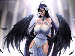  albedo aramey bare_shoulders black_feathers black_hair black_wings breasts cleavage demon_girl demon_horns detached_collar deviantart_username dress feathered_wings female gloves hair_between_eyes hand_on_breasts highres horns indoors jewelry large_breasts long_hair looking_at_viewer overlord_(maruyama) ring simple_background smile solo standing very_long_hair watermark web_address white_dress white_gloves wings yellow_eyes 