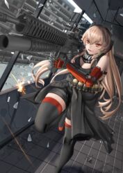  absurdres armband assault_rifle bandolier bare_shoulders blonde_hair breasts broken_glass building chiyo_goya cleavage cleavage_cutout clothing_cutout commentary english_commentary female fence girls&#039;_frontline glass grin gun headgear highres large_breasts long_hair m4_carbine m4_sopmod_ii m4_sopmod_ii_(girls&#039;_frontline) mechanical_arms multicolored_hair pink_hair prosthesis prosthetic_arm red_eyes rifle running single_mechanical_arm smile streaked_hair thighhighs tile_floor tiles weapon window 