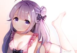  ahoge azur_lane bad_id bad_pixiv_id bare_legs barefoot bikini black_bow blurry blurry_background bow breasts cleavage closed_mouth collarbone commentary_request depth_of_field female hair_bun hairbow leg_up long_hair looking_at_viewer lying maeha medium_breasts on_stomach one_side_up pink_bikini purple_eyes purple_hair single_hair_bun single_side_bun smile solo swimsuit twitter_username unicorn_(azur_lane) very_long_hair 