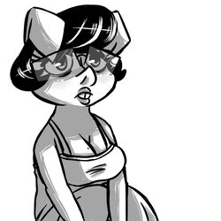  1:1 2016 anthro black_hair breasts buckteeth cleavage clothed clothing domestic_pig eyewear female frown glasses greyscale hair inkyfrog inkypig looking_at_viewer mammal markings mole_(marking) monochrome solo suid suina sus_(pig) teeth 